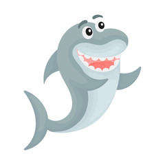 Obraz premium Cute funny shark print on white background. Ocean cartoon animal character for design of album, scrapbook, greeting card, invitation, wall decor. Flat colorful vector stock illustration.