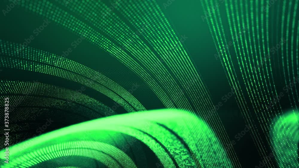 Poster 4k looped abstract green background of glow particles form lines, surfaces, round structures as futu