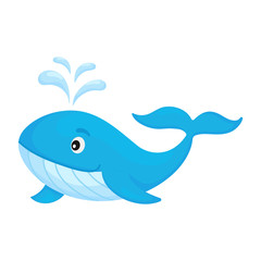 Cute funny whale print on white background. Ocean cartoon animal character for design of album, scrapbook, greeting card, invitation, wall decor. Flat colorful vector stock illustration.