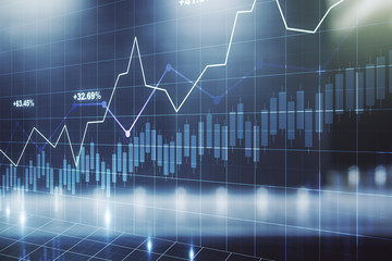 Multi exposure of virtual abstract financial graph interface on blurry contemporary office building background, financial and trading concept