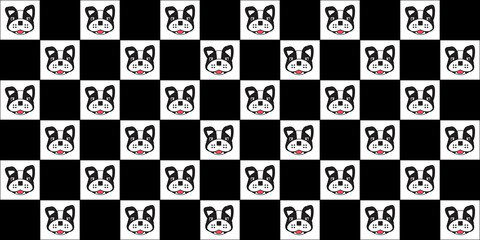 Dog seamless pattern, French bulldog on a black and white checkered pattern background, Dog icons.	