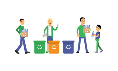 People Characters Contributing into Environment Preservation by Recycling and Sorting Trash Vector Illustration Set