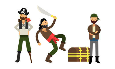 Man Pirate with Steel Sword and Treasure Chest Vector Illustration Set