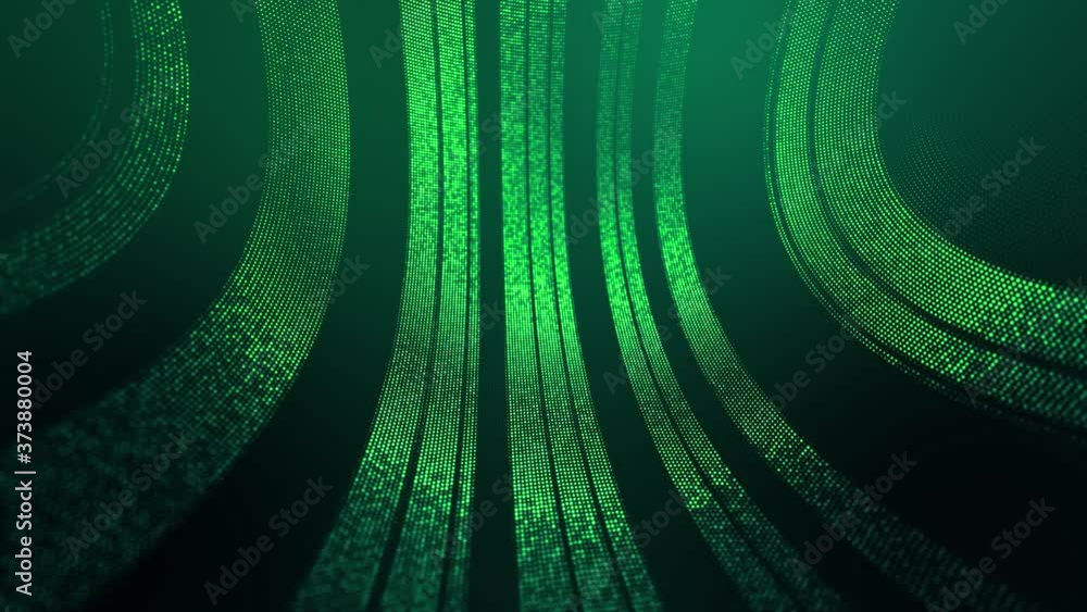 Poster 4k looped abstract green background of glow particles form lines, surfaces, round structures as futu