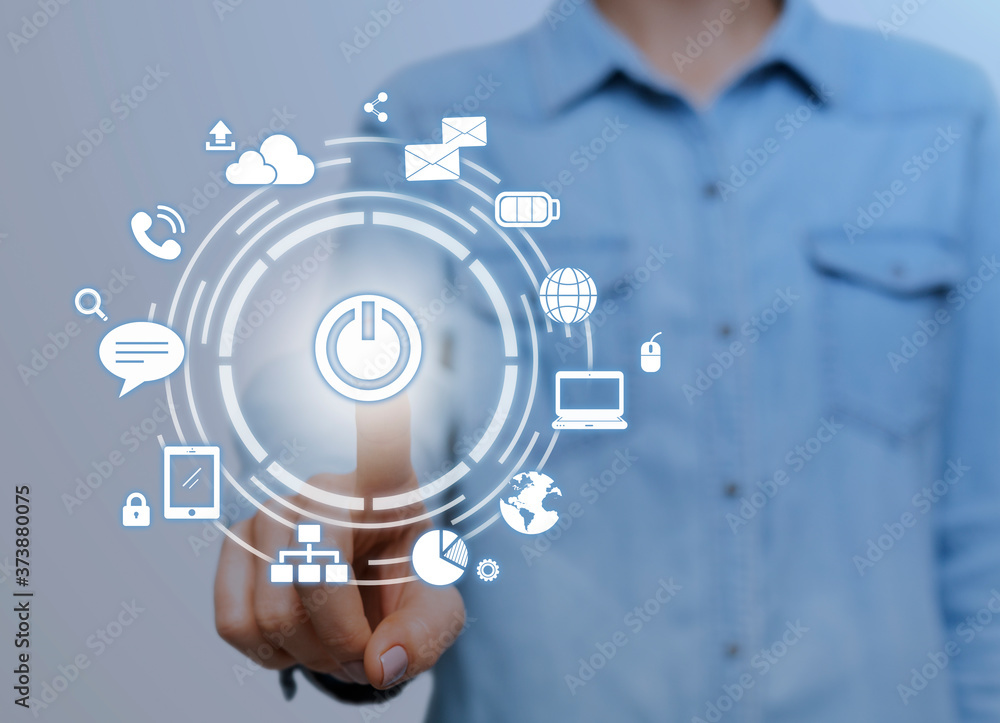 Poster IoT. Woman pressing start button on digital screen with communication network icons