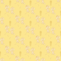 Seamless pattern with cute pets. A pair of dogs with protruding tongue and hearts on a collar and a flowers - a boy and a girl on a yellow background. Vector, line. For design, packaging, decoration