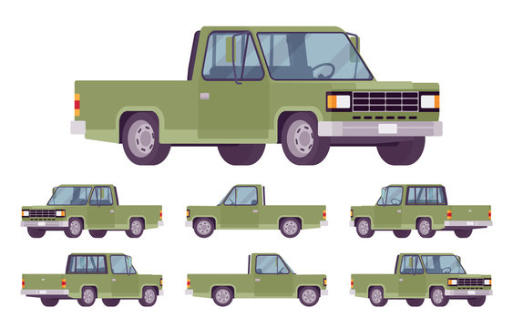 Pickup truck green set with cab and open cargo area. Large passenger van car, commercial vehicle for country travel or city delivery business. Vector flat style cartoon illustration, different views