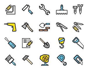 Obraz premium Construction and repair, badges, set, color. Colored icons with a black outline. Vector. 