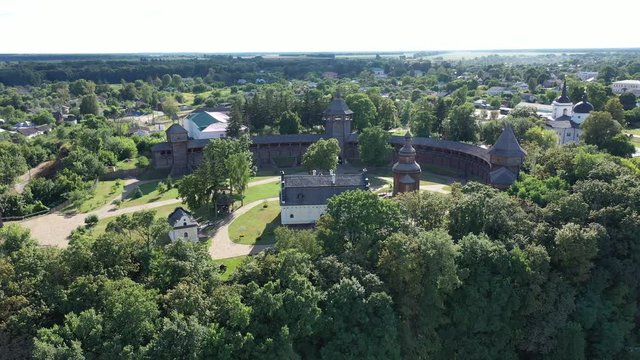 Aerial view of Baturyn castle with the Seim river in Chernigov region of Ukraine, Europe. Ancient wooden fortress. Wooden castle