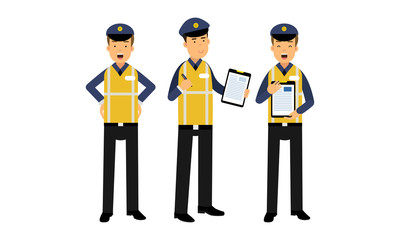 Traffic Policeman Wearing Yellow Vest Writing out Fines Vector Illustration Set