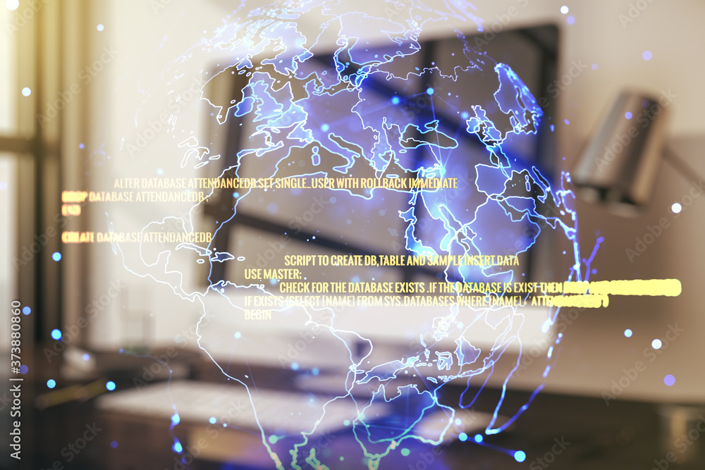 Poster double exposure of abstract programming language with world map on laptop background, research and d