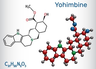 Yohimbine, yohimbe , quebrachine molecule. It is aphrodisiac, plant alkaloid. Structural chemical formula and molecule model. Vector illustration