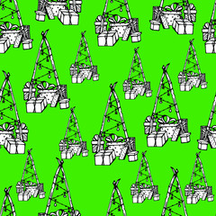 Coloring book with a Christmas tree, gifts, lights. Festive background for children and adults. Christmas. One of a series of handmade liner graphics. For wallpaper, textile, design, banner. coloring 