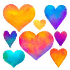 a set of textured, hand-drawn colored hearts, with mixed colors. The effect of colored crayons, pastels.