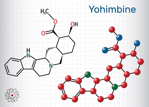 Yohimbine, yohimbe , quebrachine molecule. It is aphrodisiac, plant alkaloid. Structural chemical formula and molecule model. Sheet of paper in a cage. Vector illustration