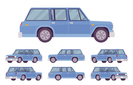 Station wagon, estate car blue set. Large family auto, urban and country comfortable transportation, classic automobile for business service. Vector flat style cartoon illustration, different views