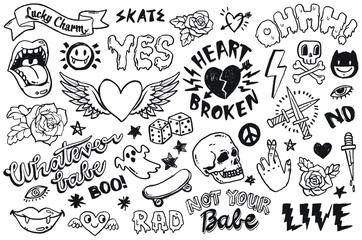 A set of teen culture graffiti doodles suitable for decoration, badges, stickers or embroidery. Vector illustrations. - obrazy, fototapety, plakaty