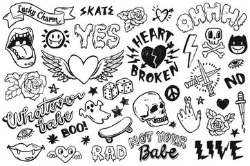 Deurstickers A set of teen culture graffiti doodles suitable for decoration, badges, stickers or embroidery. Vector illustrations. © lindybug
