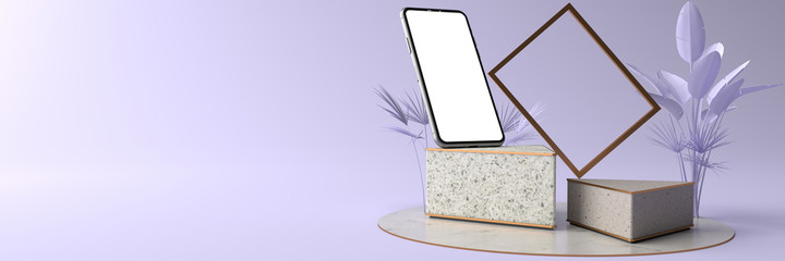 The Smartphone white screen on Triangle marble Pedestal, Mobile phone mockup tilted to the ground. Pedestal can be used for commercial advertising, Isolated on Minimal violet background, 3D rendering.