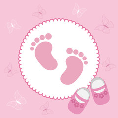 Cute invitation card for a baby girl with butterflies and footprints.