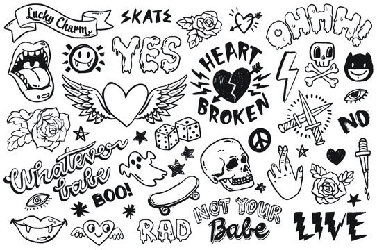 A set of teen culture graffiti doodles suitable for decoration, badges, stickers or embroidery. Vector illustrations.
