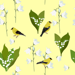 Seamless summer pattern with campanula, lily of the valley and birds
