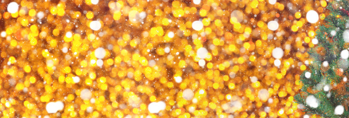 Banner, Christmas background, christmas tree golden bokeh, copy space