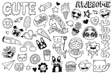 Gordijnen A set of teen culture graffiti doodles suitable for decoration, badges, stickers or embroidery. Vector illustrations. © lindybug