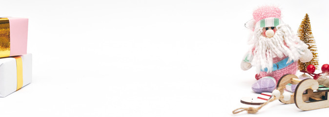 Banner, Christmas composition, gifts on white background, copy space