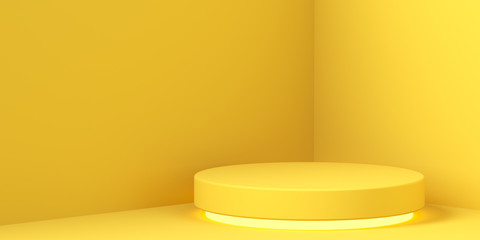 minimalism, simple yellow background with pedestal, copy space