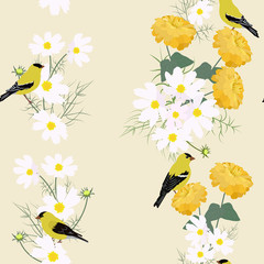 Seamless vector illustration with flowers of kosmia, zinnia and birds