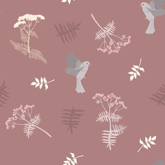 Seamless vector illustration with herbs, leaves and bird