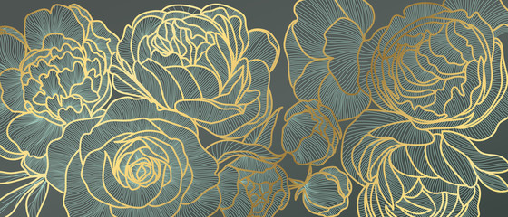 Fototapety  Złoty kwiat róży w stylu art deco tapeta tło wektor. Floral Line sztuki projektowania tła dla luksusowego eleganckiego wystroju wnętrz, sztuki wektorowej, wzorów tekstylnych mody, tekstur i plakatu.