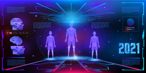 Holographic 3D human projection in 3D space of the HUD user interface. Modern concept banner. Human...