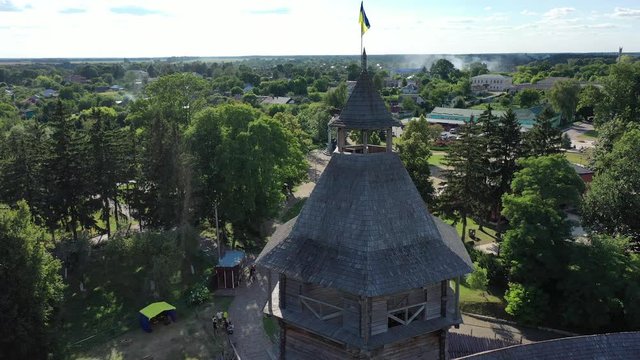 Aerial view of Baturyn castle with the Seim river in Chernigov region of Ukraine, Europe. Ancient wooden fortress. Wooden castle