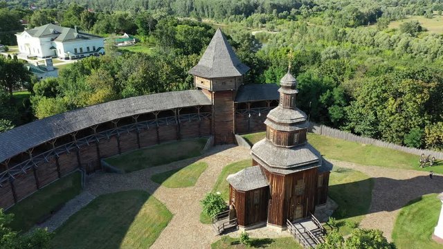 Aerial view of Baturyn castle with the Seim river in Chernigov region of Ukraine, Europe. Ancient wooden fortress. Wooden castle