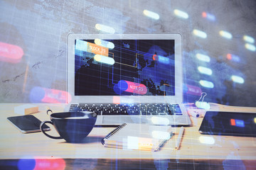 Double exposure of desktop computer and technology theme hologram. Concept of software development.