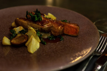 glazed roast duck filet dinner in a nice restaurant