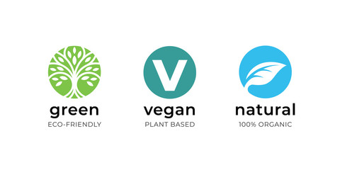 Vegan food label icon set. Green eco-friendly plant based product symbol. Natural organic bio wellness sign. Vector illustration.