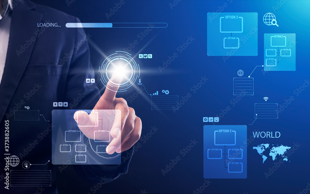 Poster Modern Business Technologies. Businessman pushing virtual button on touchscreen with option choice