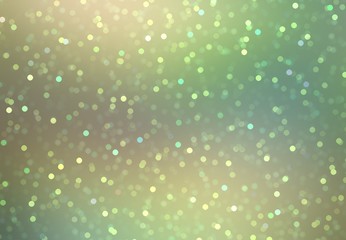 Glitter sequins flying on green holographic defocus background. Half transparent texture cover shimmer. Festive abstract illustration.