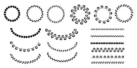 Floral linear leafy border. Vector ornament. Wreaths are black and white. Lines of flowers.
