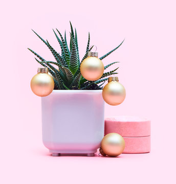 aloe concept with christmas balls on a pastel pink background, copy space