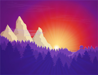 Flat nature forest landscape. Background with sunset, sunrise and mountains. Good for card, presentation, cover, invitation, travel template with place for text. Vector illustration with clipping path