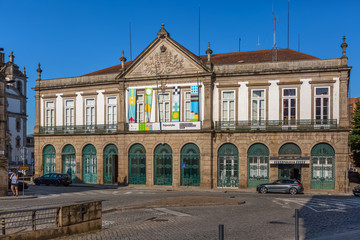 View of a central avenue with classic buildings on Vila Real city downtown, Portugal