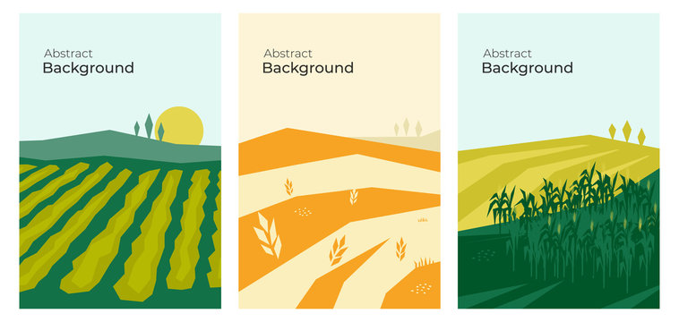 Vector illustrations with farm land, agricultural fields, hills and landscape. Summer and autumn nature. Banners with agriculture or farming. Set of abstract backgrounds. Flyer, poster, brochure cover