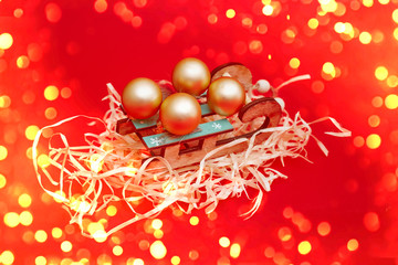 Christmas composition, gifts on red background, copy space