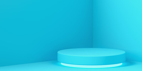 minimalism, simple blue background with pedestal, copy space