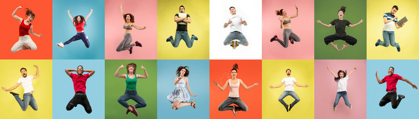Collage of portraits of 9 young jumping people on multicolored background in motion and action....
