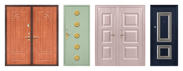 Set of models of entrance metal doors isolated on white background